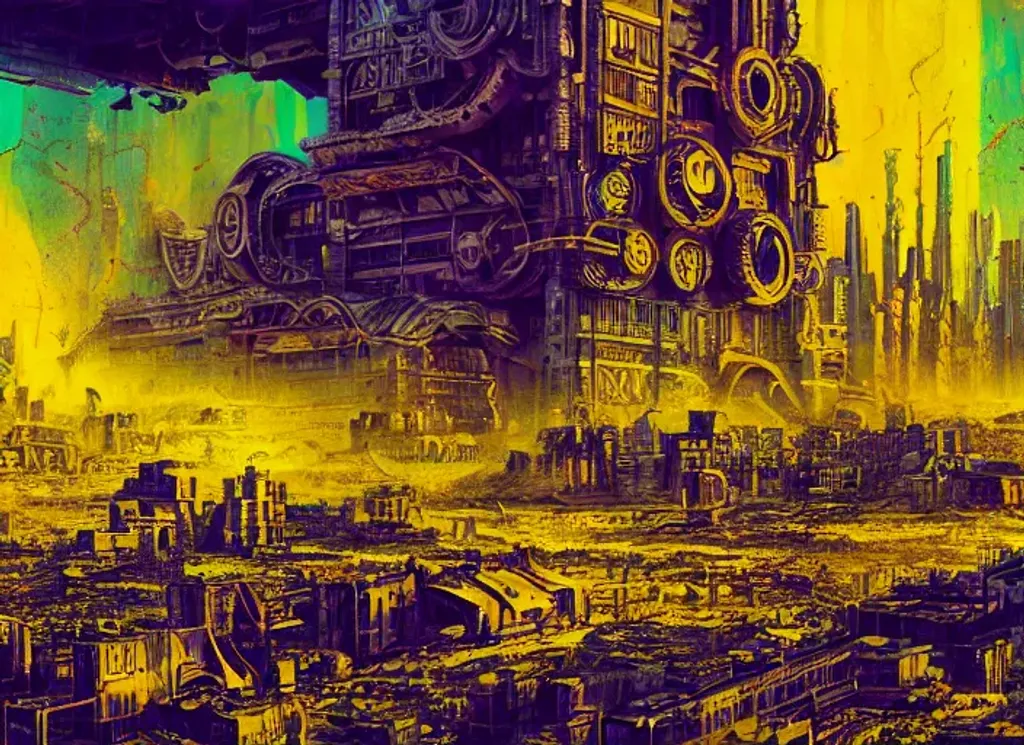 Prompt: A detailed illustration of ((((vast Dystopian Wasteland futuristic metropolitan)))), ((((reclaimed by nature)))), ruins, yellow and purple and blue colours, tribal patterns, maximalism, ((((oil painting)))), ornate, disturbing, dramatic lighting, hd, ultra detailed, (((((cinematic shot)))))