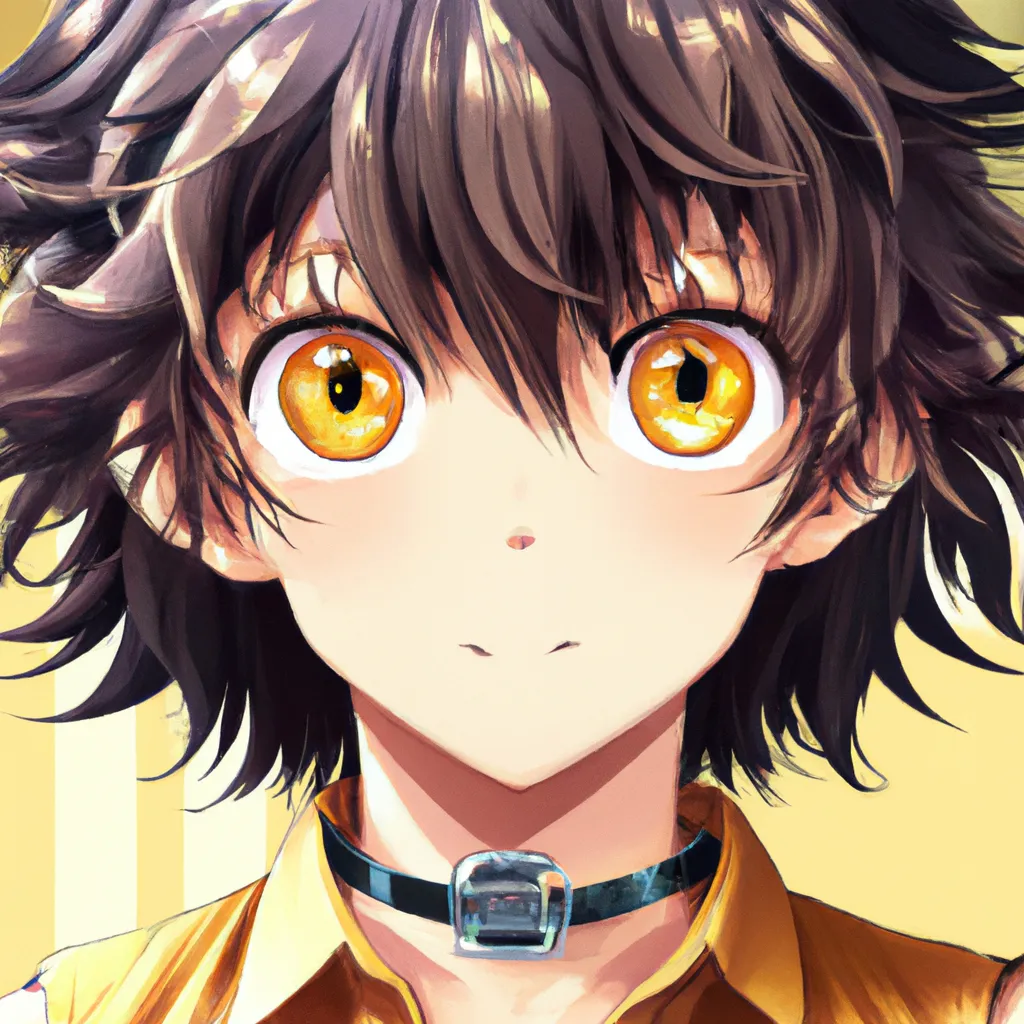 Prompt: cute anime boy, soft, shy, short boyish hair, wavy black fluffy hair, big amber eyes, orange eyes, detailed eyes, dog collar, cute!!, kawaii, kyoto animation, free anime, anime, animated, character design, character concept, trending online, 2010s anime, key visual, saturated, high quality, 8k, by Ryota, Rimmu, Ayumi, Kantoku, fantasy outfit, dog collar, perfect composition, beautiful detailed intricate insanely detailed octane render trending on artstation, 8 k artistic photography, photorealistic concept art, soft natural volumetric cinematic perfect light, chiaroscuro, award - winning photograph, masterpiece, oil on canvas, raphael, caravaggio, greg rutkowski, beeple, beksinski, giger