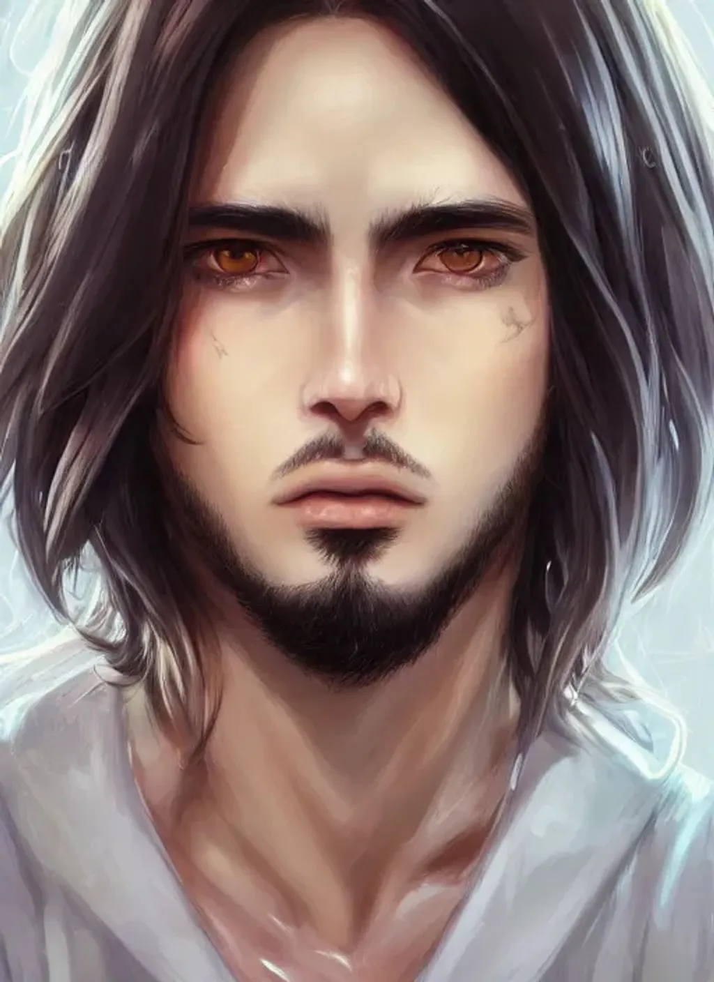 Prompt: Closeup face portrait of a male with long black hair, smooth soft skin, big dreamy eyes, beautiful intricate colored hair, symmetrical, anime wide eyes, soft lighting, detailed face, by makoto shinkai, stanley artgerm lau, wlop, rossdraws, concept art, digital painting, looking into camera