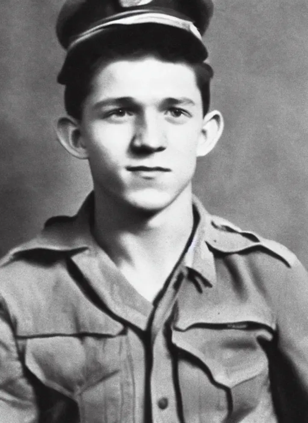 Prompt: Photograph of Tom Holland as a soldier in World War II, black and white