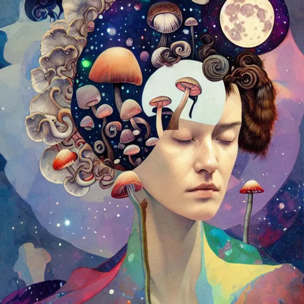 Prompt: Character portrait by Ryan Hewett, Detailed eyes, Beautiful woman with mushrooms growing out of her hair, hq, fungi, celestial, portrait, victo ngai, moon mushrooms, Jan van Eyck, galaxy, moon, stars 