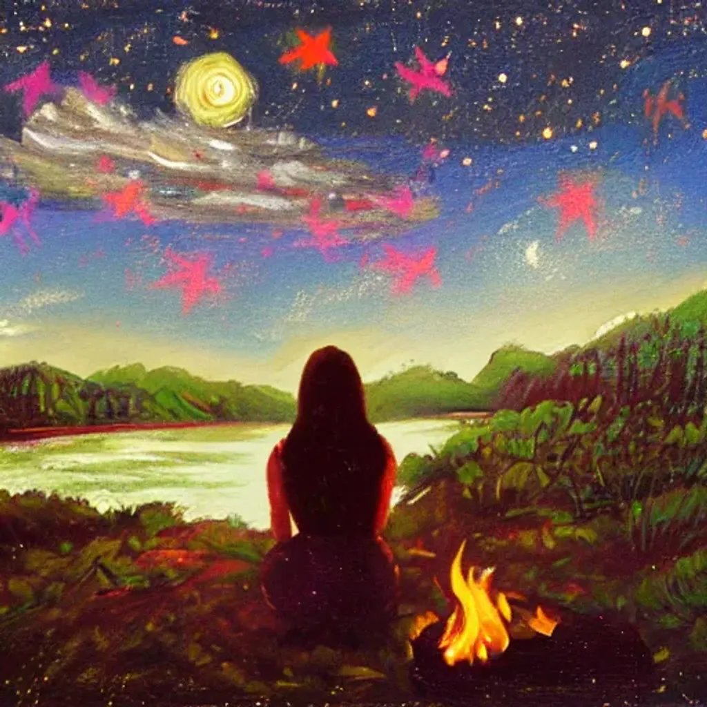 Prompt: An oil painting of a young woman sitting next to campfire near a river under a starry night sky, film grain, neon color