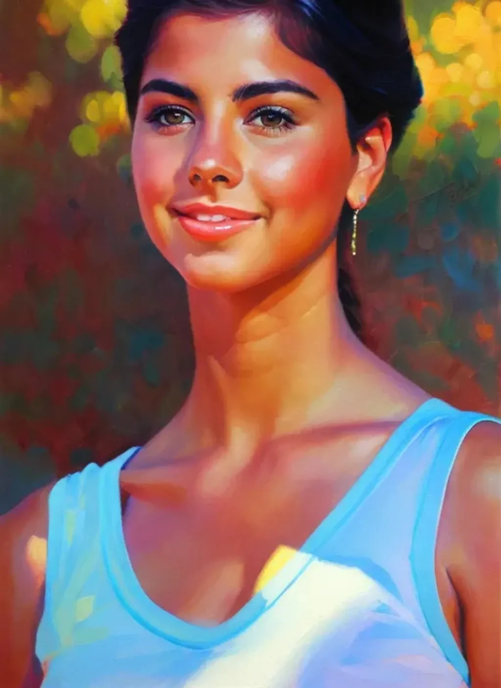 Prompt: Facial portrait of a pretty cute teen girl, hispanic, tan olive skin, black hair, short hair, hazel eyes, sunny weather, shirt, 80s, vivid colors, looking at the camera, extremely detailed painting by Greg Rutkowski and by Henry Justice Ford and by Steve Henderson