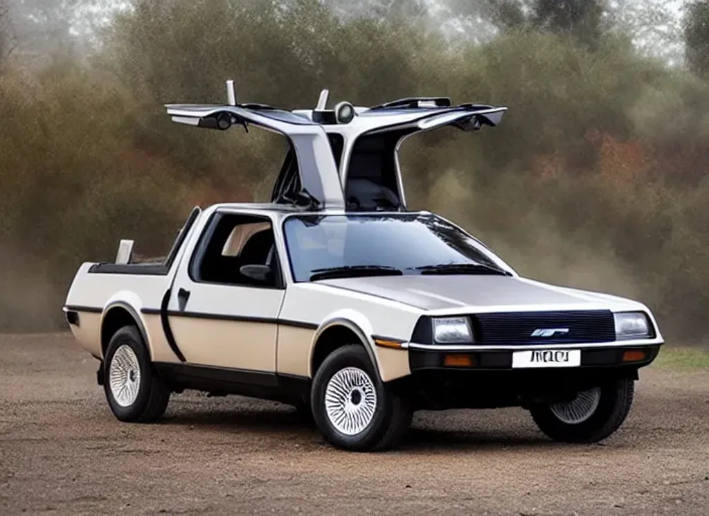 Prompt: A photograph of an bakkie inspired by the Delorean and Ford Mustang