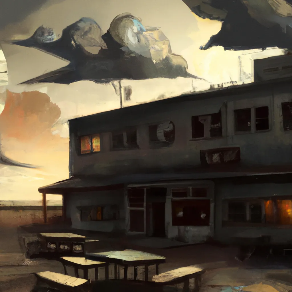 Prompt: a painting of a sunset with clouds and a cafe by WLOP, deviantart, american scene painting, apocalypse art, detailed painting, speedpainting