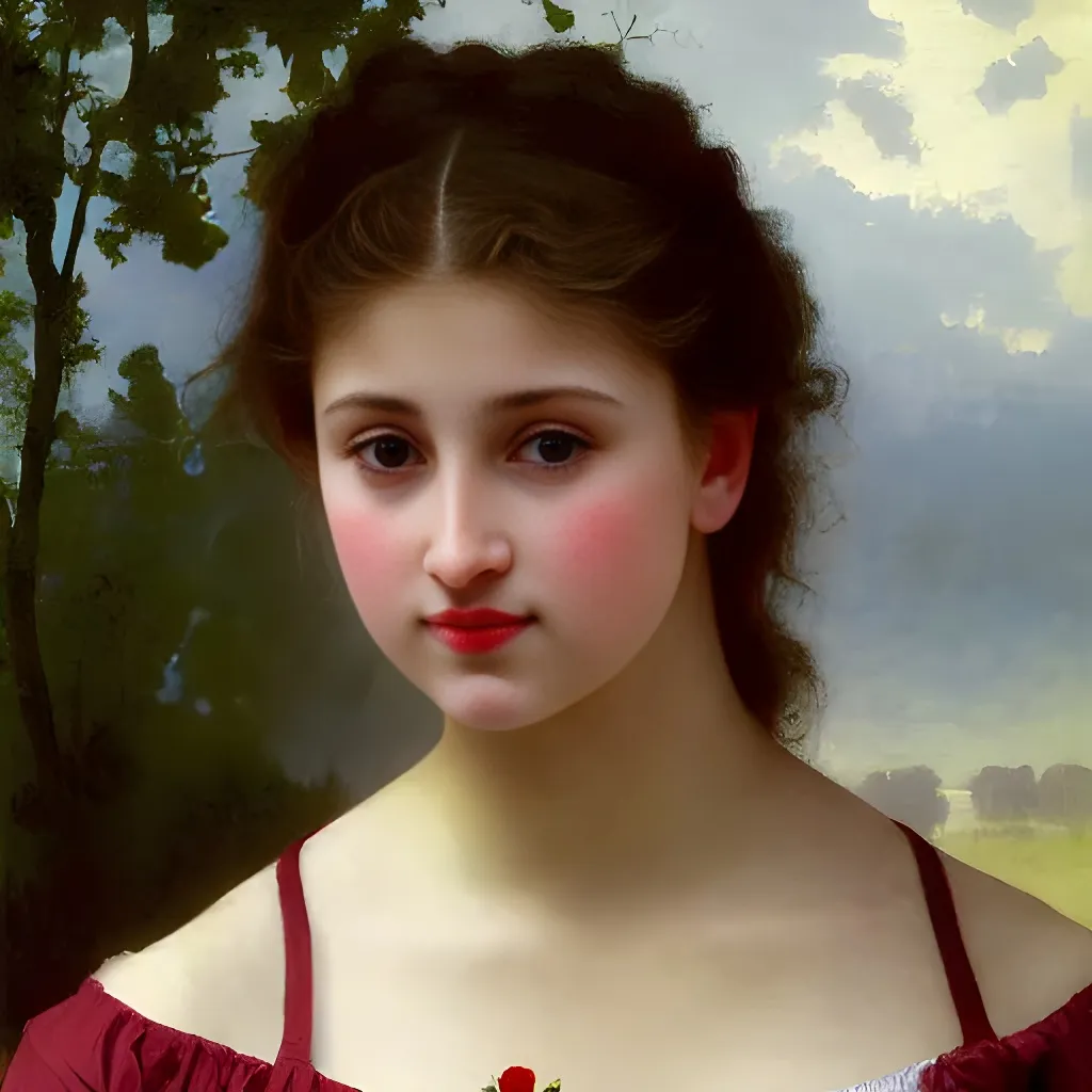 Prompt: A young female girl with a soft detailed realistic face carrying a kitten down a winding road, soft glowing skin tone, attractive, hopeful, charismatic, blushed cheeks, sultry blazing blue eyes, blood red lips, shapely nose, resolute, strong, William-Adolphe Bouguereau-like, realistic detail, hyper-realism, photo-like 8k