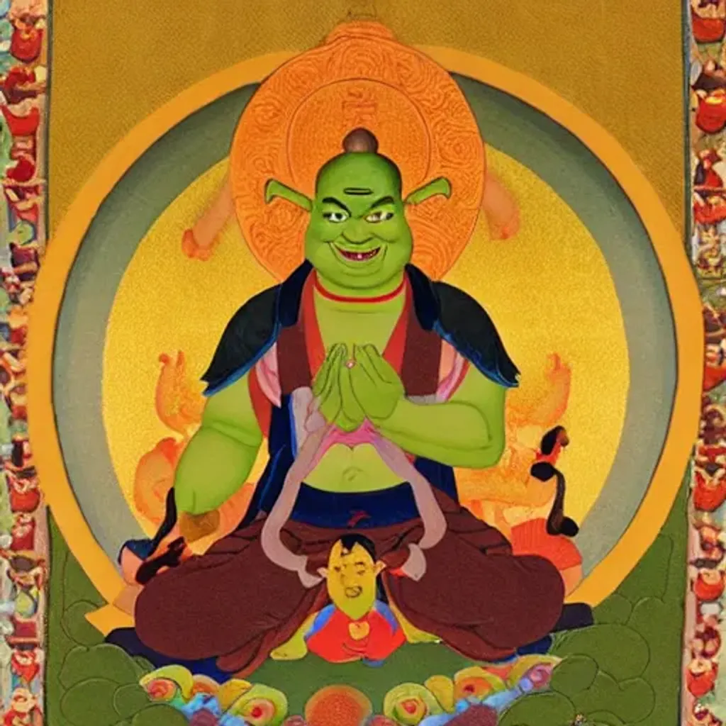 Prompt: A thangka of shrek, seated in lotus position, with a halo around his head, surrounded by various bodhisattvas 