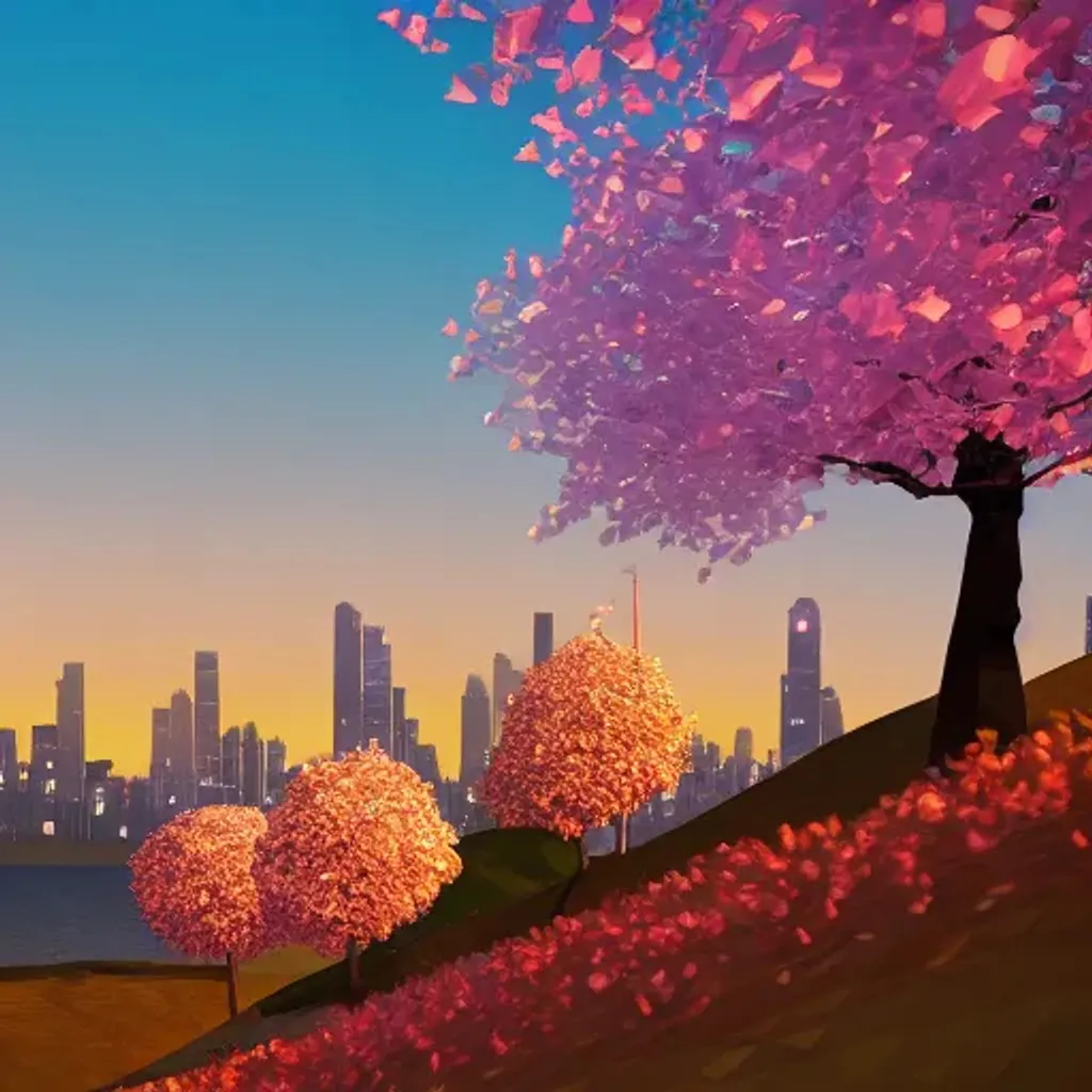 Prompt: three low poly cherry blossom trees on a hill in autumn at night, with city skyline in the background