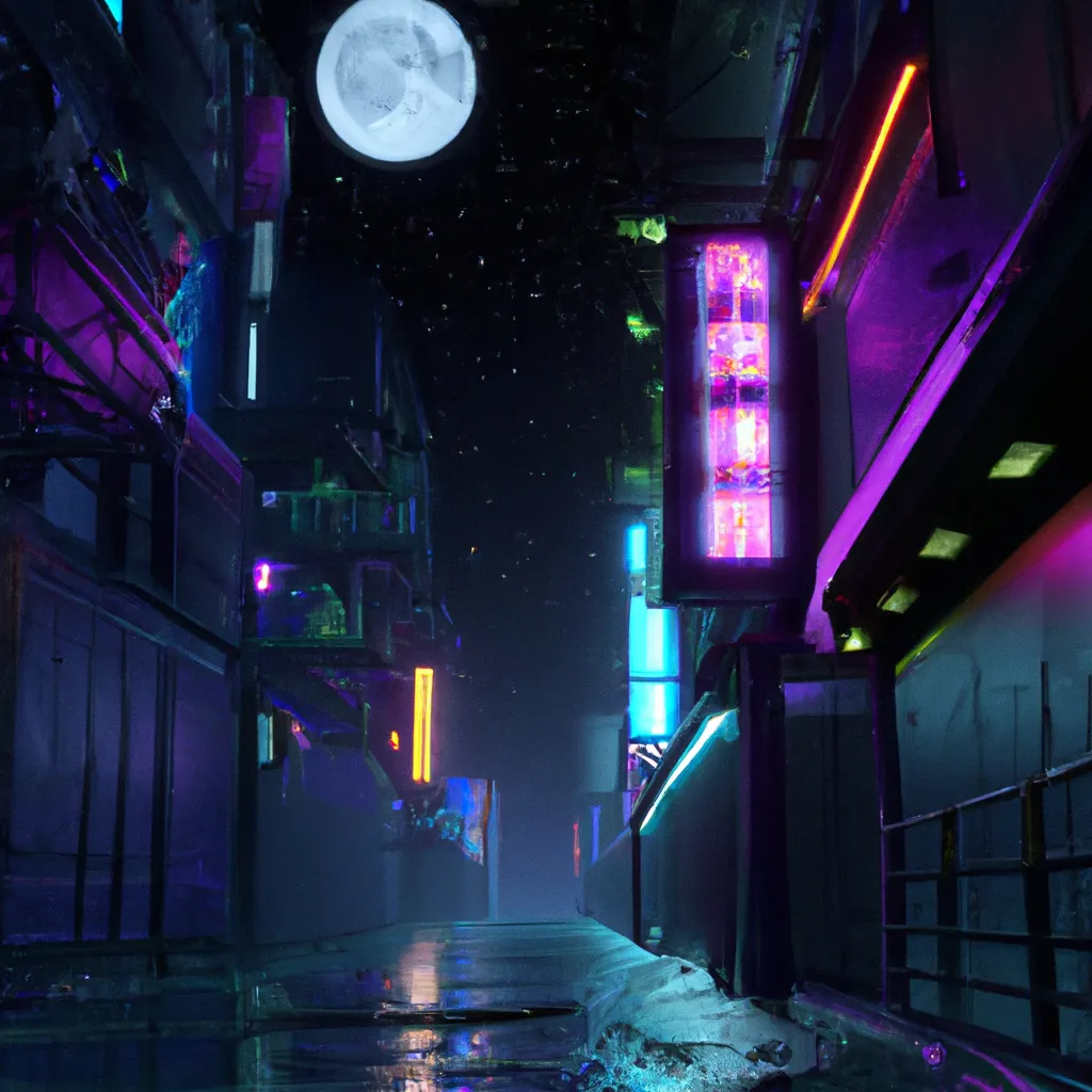 Prompt: A japanese cyberpunk alley with light signs and wet ground, it's raining, and it's night, you can see the moon. 4k,  unreal engine, low mood, lofi, 8k, hyperrealistic, colourful lighting.