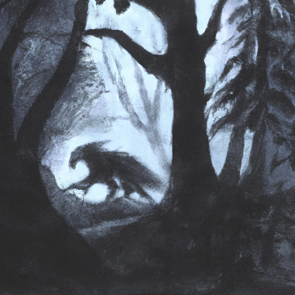 Prompt: 1800s painting of a big shadow creature hiding in a rainy forrest far away