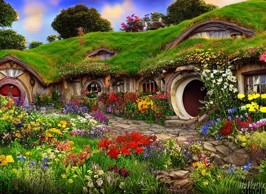 Prompt: Hobbiton village, realistic, highly detailed, digital painting, smooth, sharp focus, cinematic lighting, Peter Jackson, flowers and mushrooms growing