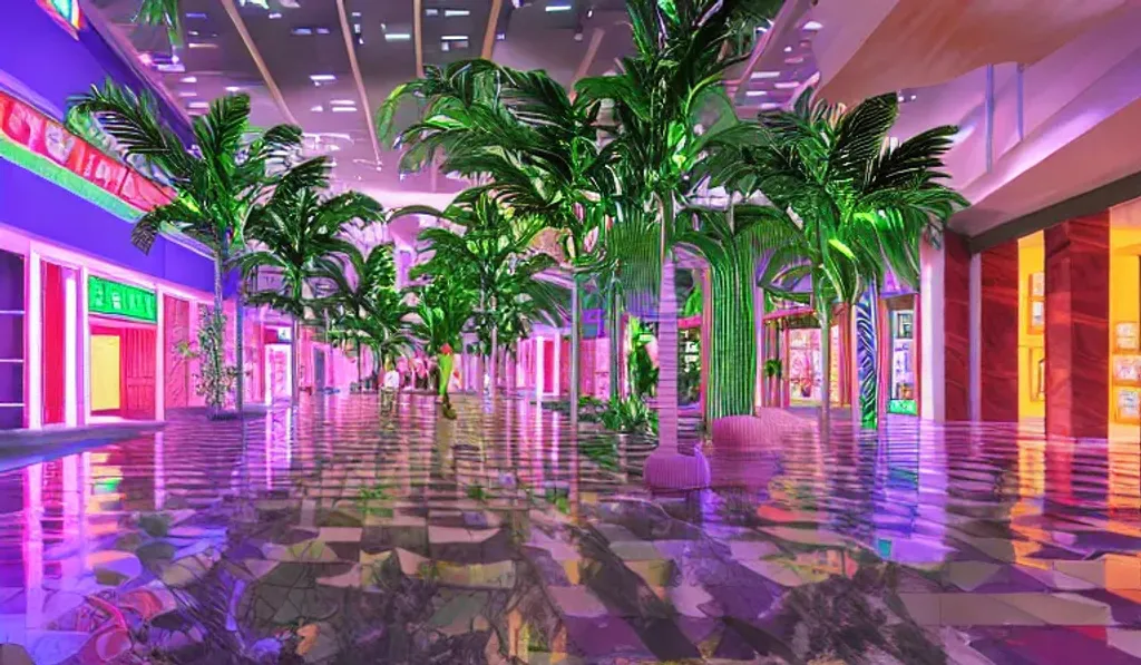 Prompt: multi story vaporwave aesthetic indoor liminal 90s mall with lazy river, columns, checkered floor tiles, palm trees, neon lights, Wide angle shot, 4k octane render, Fuji film, intricate detail, photoreal, cinematic, sublime atmosphere, at night time, colored lighting