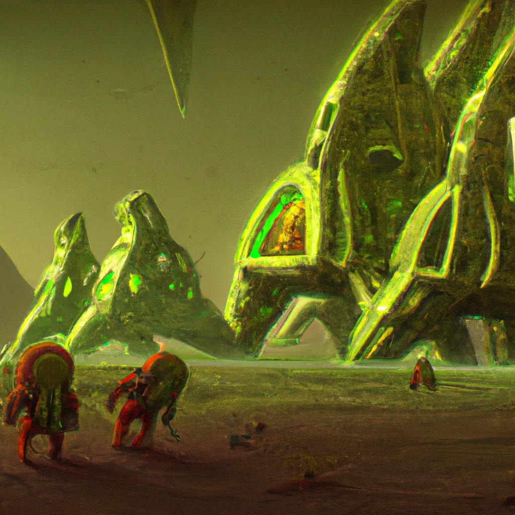 Prompt: stranded astronauts exploring vast green cyberspace dimension, tron, half-life 2, first-person shooter, made from green pyramids, art by yuumei, beautiful science fantasy landscape, cybernetic, surreal, artstation, highly detailed, concept art, vast, operatic, red dark digital monsters,