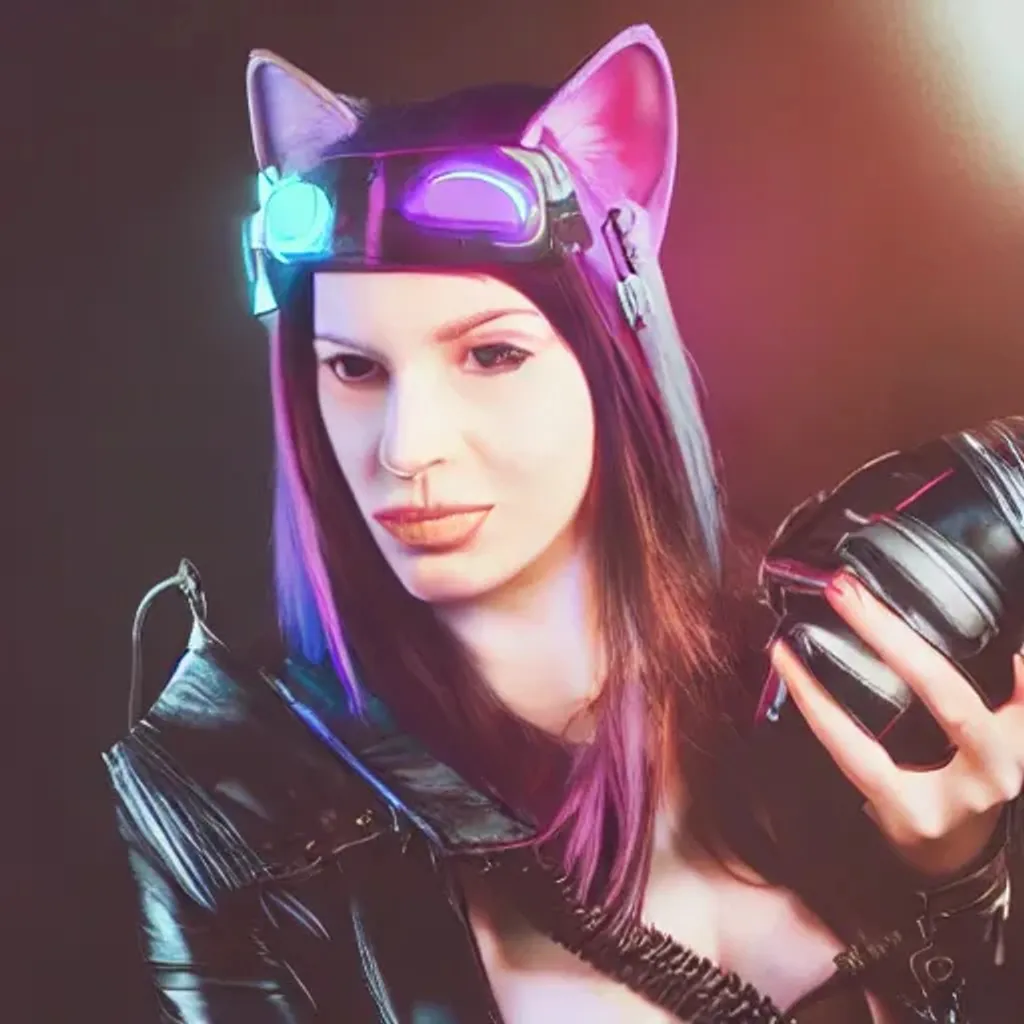 Prompt: portrait of a cyberpunk cat-girl wearing leather; cat tail