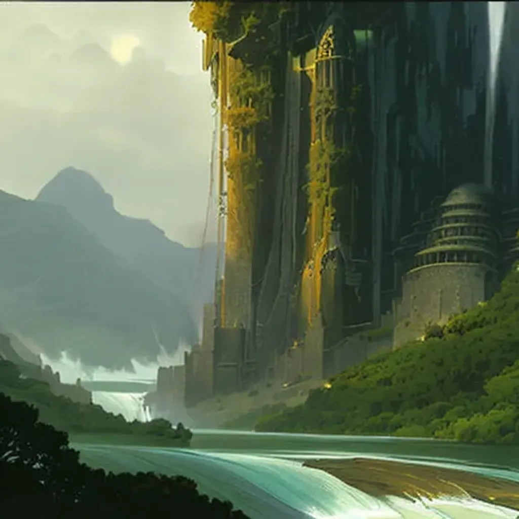 Prompt: carved into the Rock a citadel-temple-cathedral above a waterfall , gnarly trees, lush vegetation, mountains, ocean, a small stream runs beneath the waterfall, Alan lee landscape, raphael lacoste, eddie mendoza, alex ross, concept art, matte painting, highly detailed, rule of thirds, dynamic lighting, cinematic, detailed, denoised, centerd