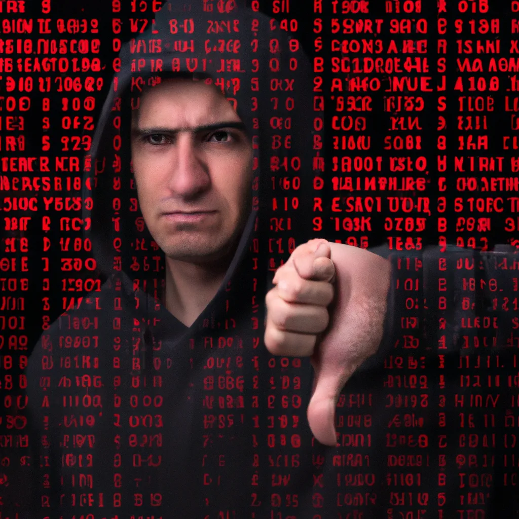 Prompt: A man in a black hoodie giving out a disappointed expression and giving a thumbs down. Red computer code is overlaid over the entire image.
