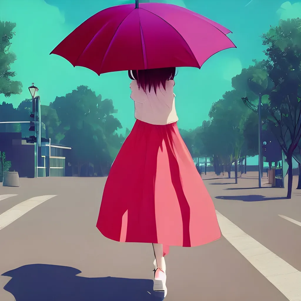 Prompt: a woman walking down a street with an umbrella, by Ilya Kuvshinov, computer art, red-purple gradient map, anime character; full body art, skater skirt, panoramic centered view of girl, romantic simple path traced, anime beautiful peace scene, long skirt, cinemascope, an ai generated image