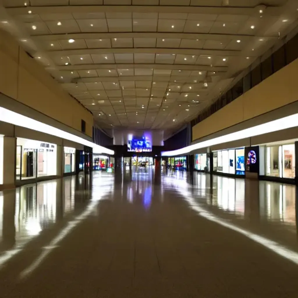 Prompt: liminal empty modern mall at night, with creepy people