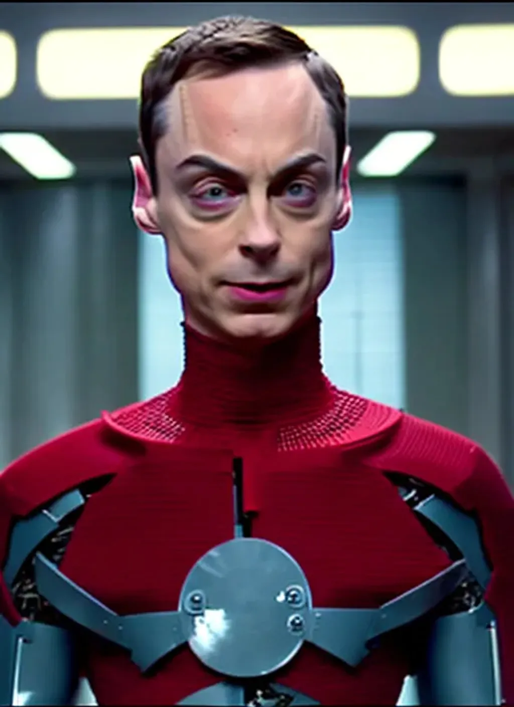 Prompt: Movie screenshot of Sheldon Cooper as a cyborg, 2010s