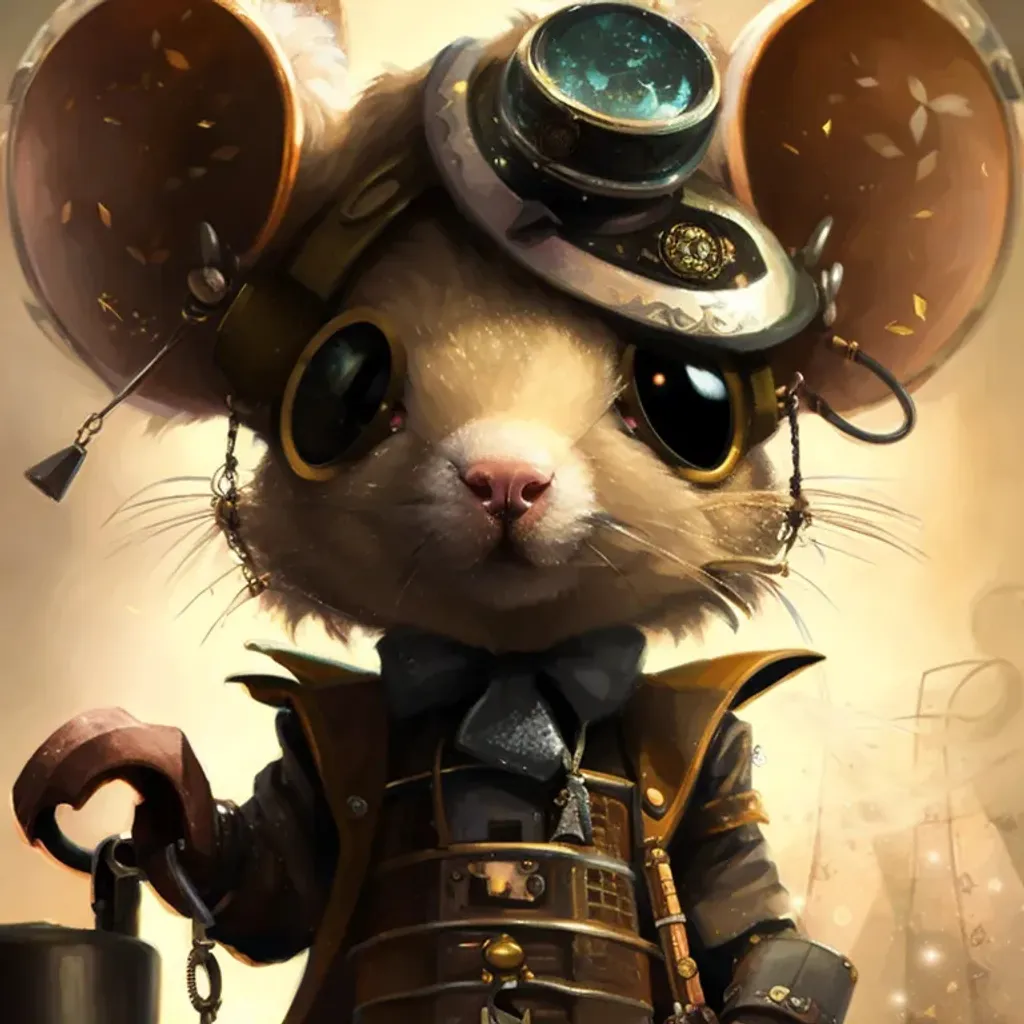 Prompt: he portrait of an adorable chibified steampunk mouse, by awwchang, CGSociety, character design, digital illustration, detailed background, 8k resolution