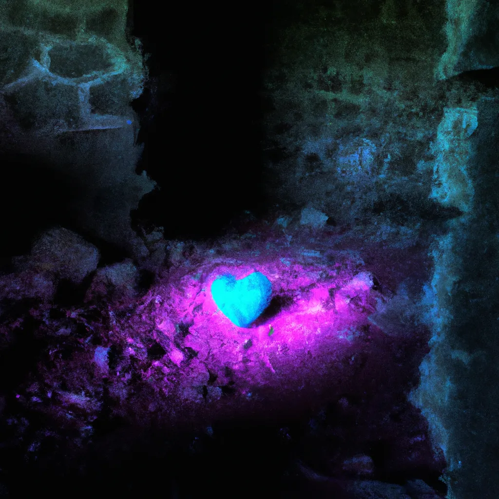 Prompt: a small  glowing purple cyan heart inside ruins