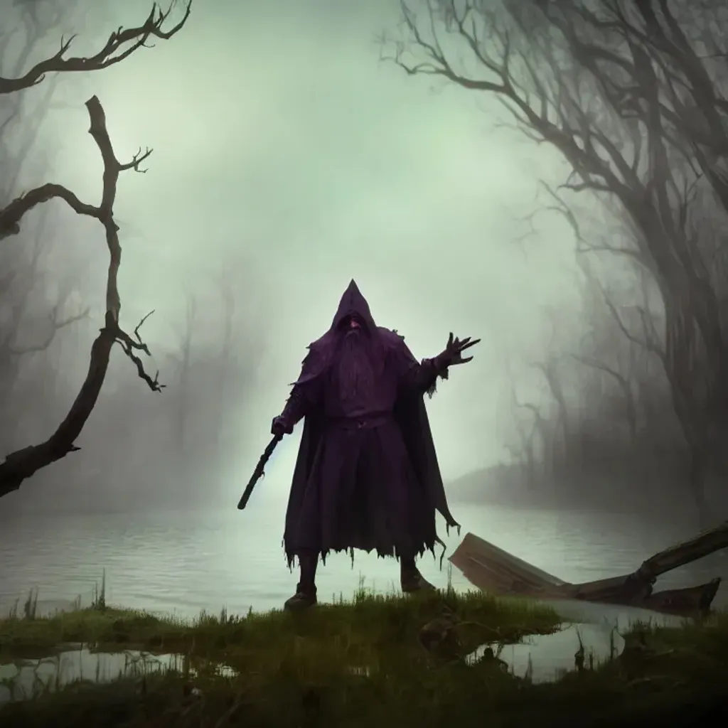 Prompt: old Dark Wizard with white wise beard, torn cape, old rusty armor and a magical staff casting spells in the middle of a dark forest by a creepy lake with stranded wrecked old boat, epic foggy scene with dark purple sky, hyperdetailed, high quality, 8k, nightmare, animation style