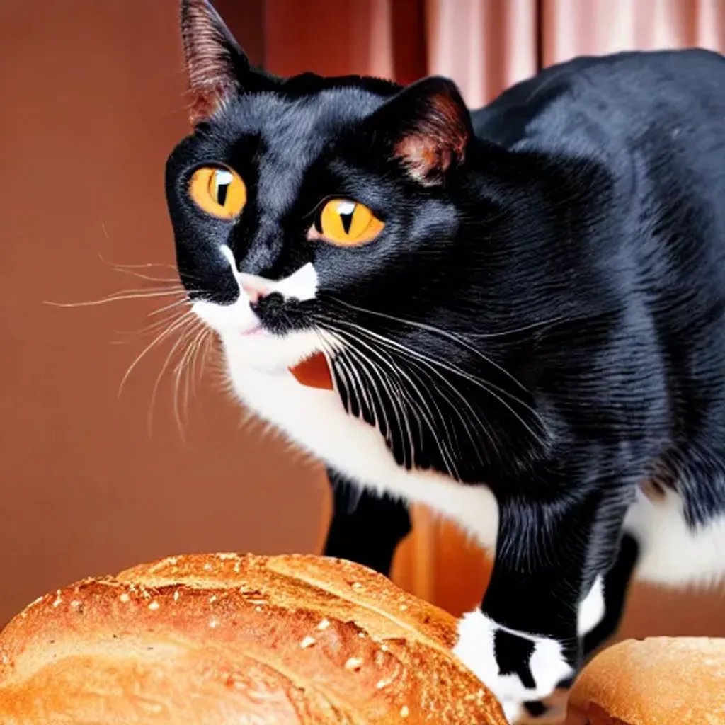 Prompt: a cat shaped like an loaf bread with black skin and black glossy eye, 4k quality, hd camera