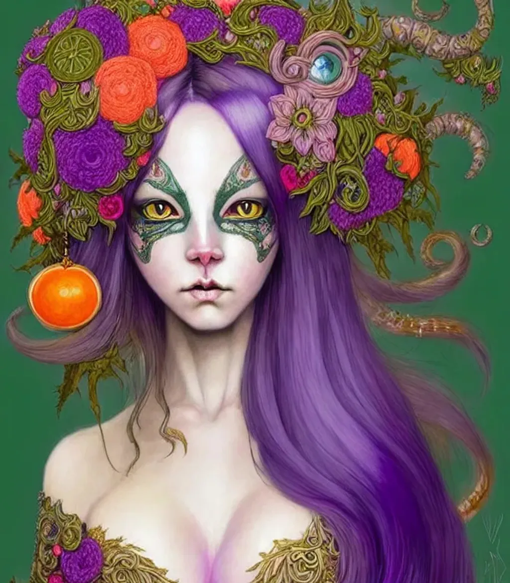 Prompt: cat girly shapeshifter fursona, green orange red purple eyes, soft downy face fur, colourful, very fine luxurious long flowing hair, humanoid in the style of Annie Swynnerton and victo ngai, detailed and intricate, ornate, hyper realistic, super detailed, and intricate, hypermaximalist elegant aesthetic, ornate, artifact, fractal, otherworldly, perfection, awesomeness, glee, spotted fur, volumetric lighting, volumetric swirling mist, pink orange red charcoal blue, cinematic, furaffinity, 128K, UHD, Unreal Engine 5, pi, fractal, fBm