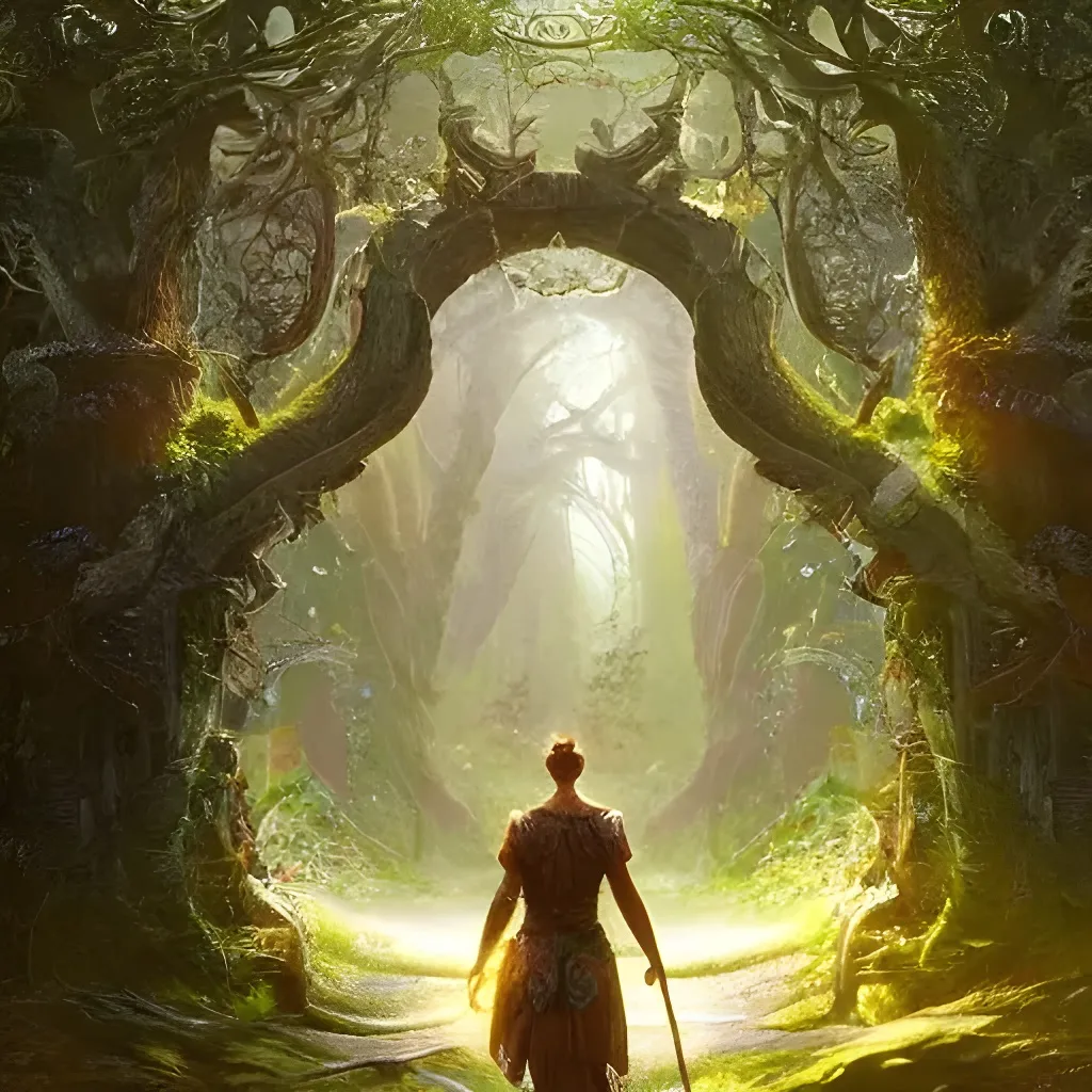 Prompt: Warrior walking towards beautiful fantasy glowing portal archway of the ancient forest gods in the magical forest, hyperdetailed, path, art nouveau architecture, mystical, picturesque, cinematic lighting, dappled sunshine, concept art, digital art, In the style of greg rutkowski, detailed, intricate detail, hyper-realistic