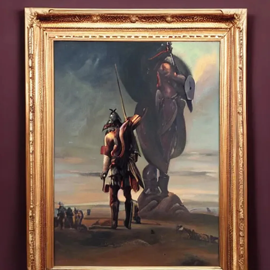 Prompt: oil painting of human standing on the shoulder of a gigantic warrior, dark background, distant view from behind