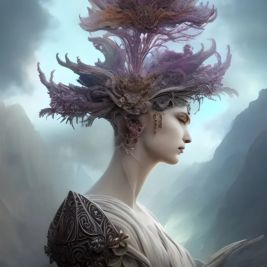 Prompt: beautiful detailed cgi matte painting female greek god empress of destruction, by ellen jewett, alessio albi | symmetrical features, ominous, alluring, vivacious, realism, intricate, ornate, royally decorated, organic, growth, whirling nebulas, glowing particles, colorful adornments, colorful torn fabric, radiant colors