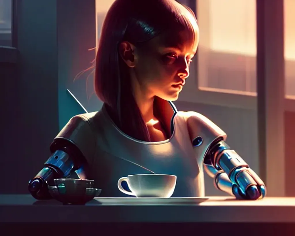 Prompt: Close up of a android girl with cybernetic implants sitting in a cozy coffee shop, highly detailed, digital painting, concept art, smooth, sharp focus, illustration, Unreal Engine 5, 8K, art by Greg rutkowski