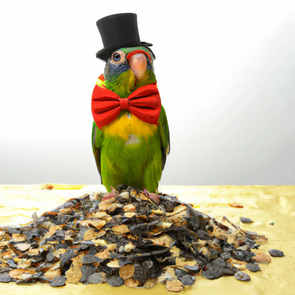 Prompt: Conure as the president of the world, wearing a bowtie and a top hat, sitting on the largest pile of sunflower seeds
