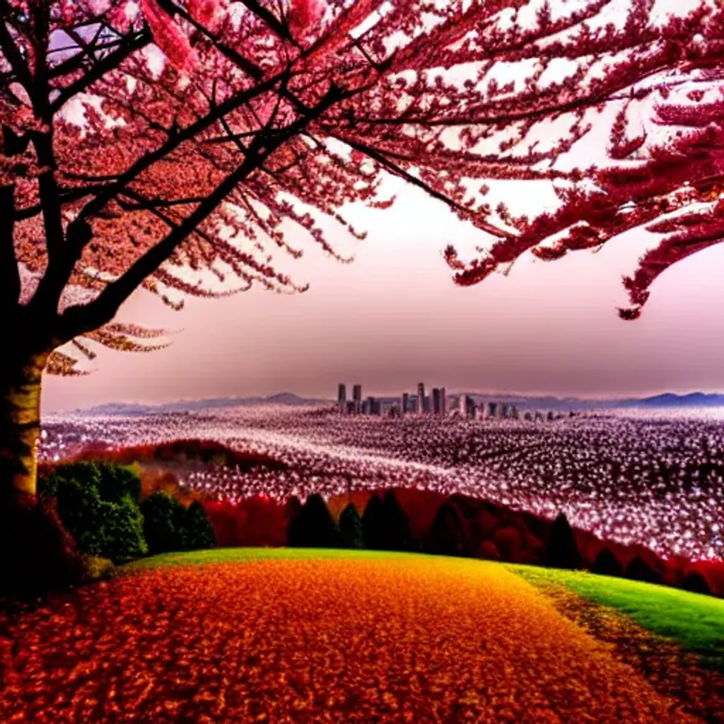 Prompt: cherry blossom tree in autumn covered forested hills with city in the background, at night, soft colors, liminal fog