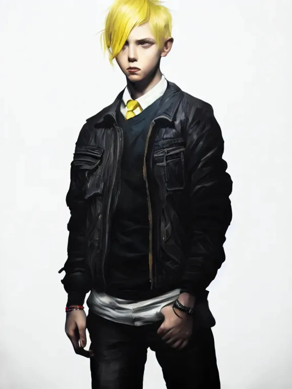 Prompt: Portrait of boy with yellow hair and with cute face, perfect composition, hyperrealistic, super detailed, 8k, high quality, trending art, trending on artstation, sharp focus, studio photo, intricate details, highly detailed, by greg rutkowski