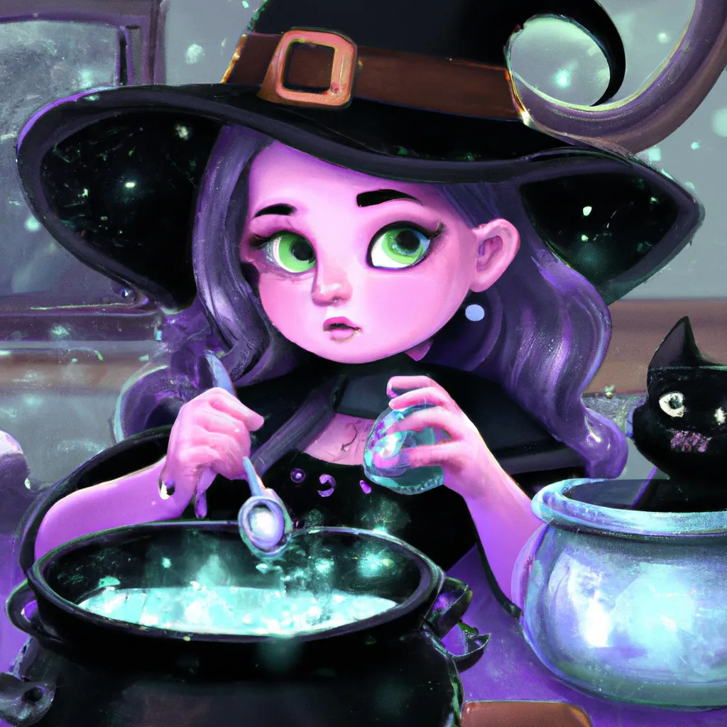 Prompt: cute gothic witch girl brewing potions in cauldron, black cat, award winning illustration, comic book, artstation, 