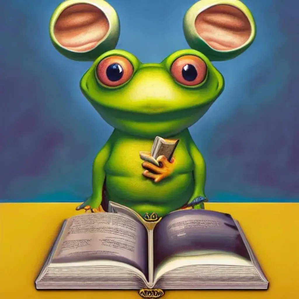 Prompt: Tiny cute cow frog, reading a book, standing character, soft smooth lighting, soft pastels, Lisa frank, Karol Bak, Laurie Lipton, mark ryden, mc escher, Greg Rutkowski, Giger, Yamamoto, 3d octane render artstation trending 8k unreal engine blender, polycount, modular constructivism, pop surrealism, physically based rendering