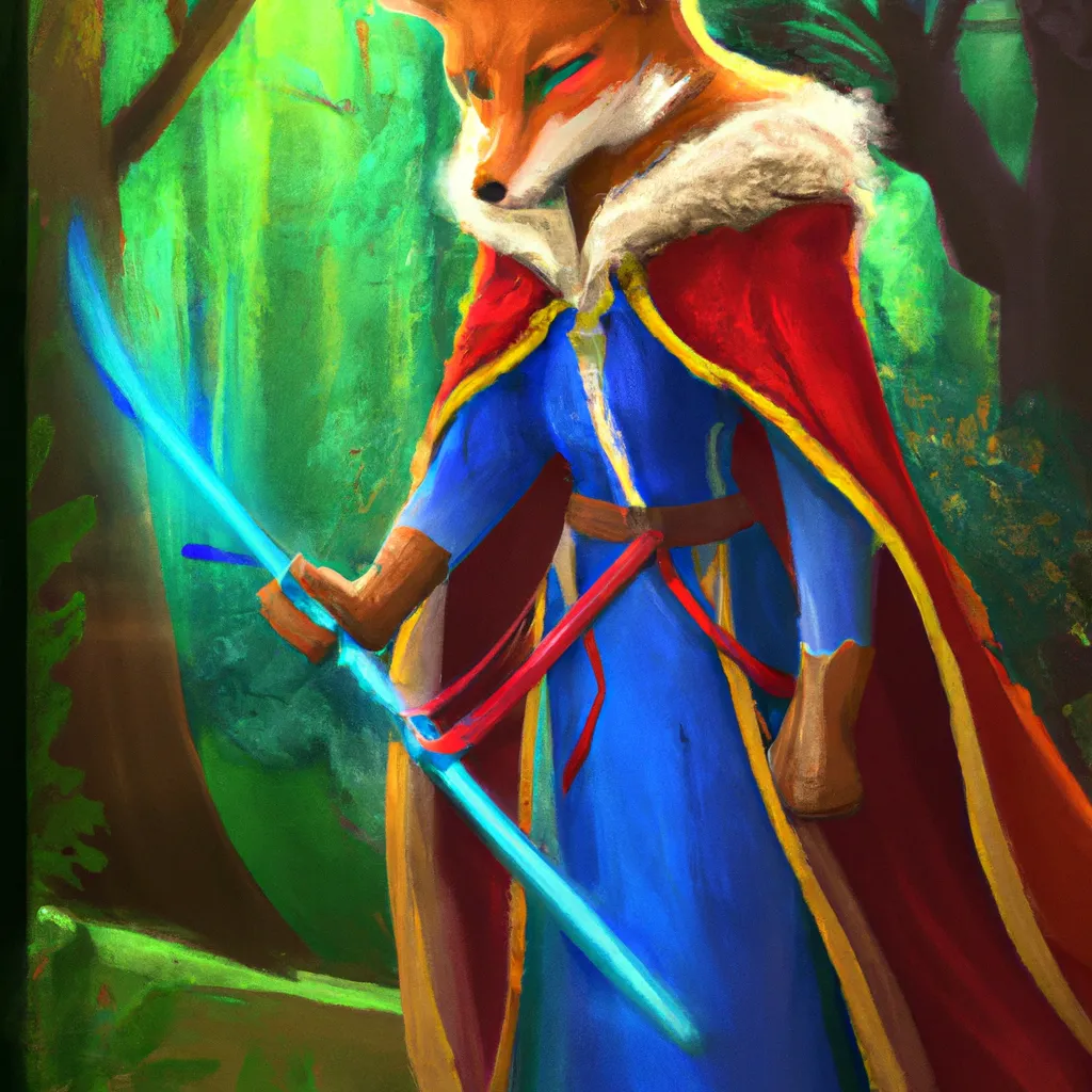 Prompt: fox wearing a green mantel and a red dress, long blue mantel with a wooden luminous  stick in his hand, he has a determinate face, magic forest in the background, intricate, fantasy, concept of zelda, elegant, highly detailed, digital painting, artstation, concept art, smooth, sharp focus, illustration