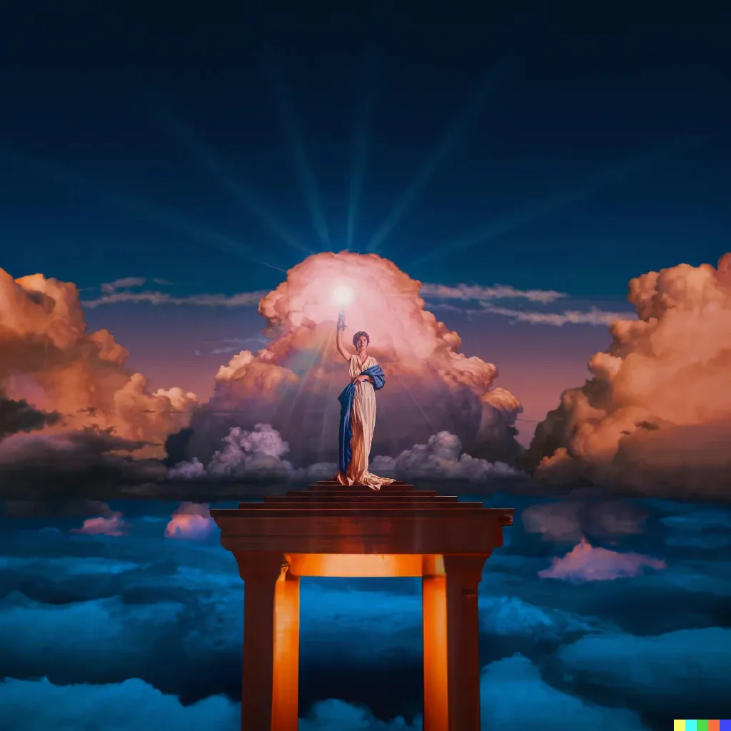 Prompt: A woman holding a torch against a beautiful sky background while standing on a pedestal