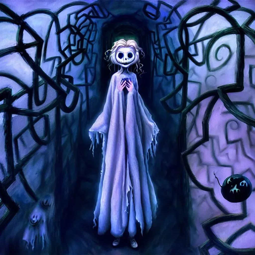 Prompt: An expressive surrealism oil painting of a ghost in cosplay costume lost in a maze. By Tim Burton, Anna Dittmann and Elsa Beskow. 
spooky, foggy atmosphere. Scary. Haunted. Bokeh. Concept art. Highly detailed, expressive surrealistic oilpainting, colorful, digital art, digital airbrush, 8K.  Clear Detailed sharp Cartoon anime manga cover by Anna Dittmann, tim Burton, Gil Elvgren, Tom Bagshaw.