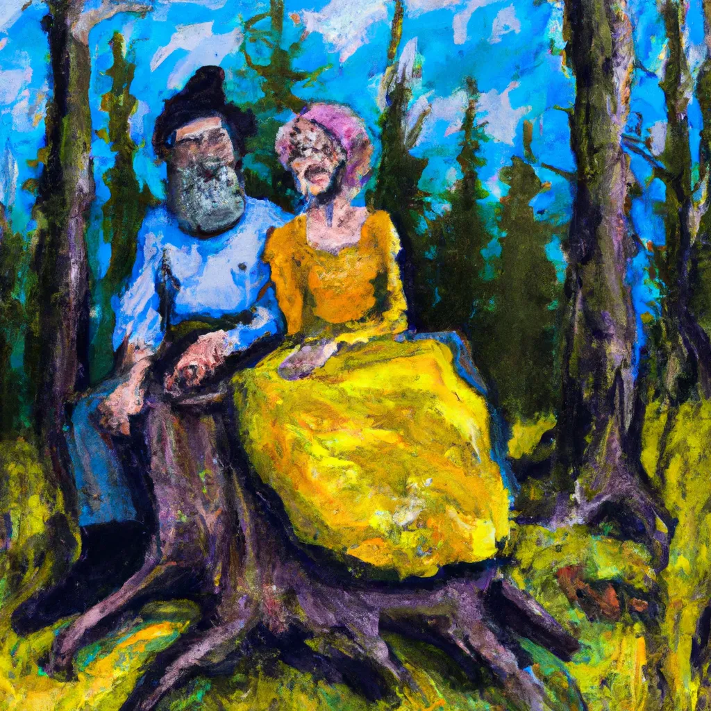 Prompt: An old married couple sitting on tree stumps in the forest, fauvism, Wiliam-August Bouguereau, Gustave Corbet, Bob Ross, Thrift store style