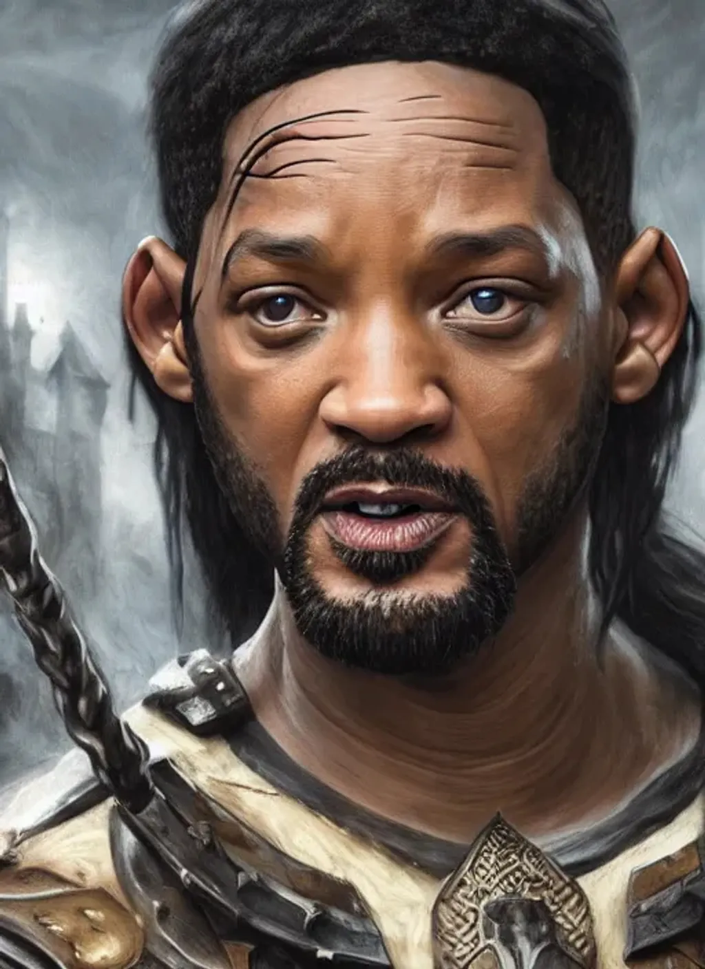 Prompt: Portrait of {Will Smith as an barbarian} with long {black} hair and with cute face, {burning castle}, perfect composition, hyperrealistic, super detailed, 8k, high quality, trending art, trending on artstation, sharp focus, studio photo, intricate details, highly detailed, by greg rutkowski