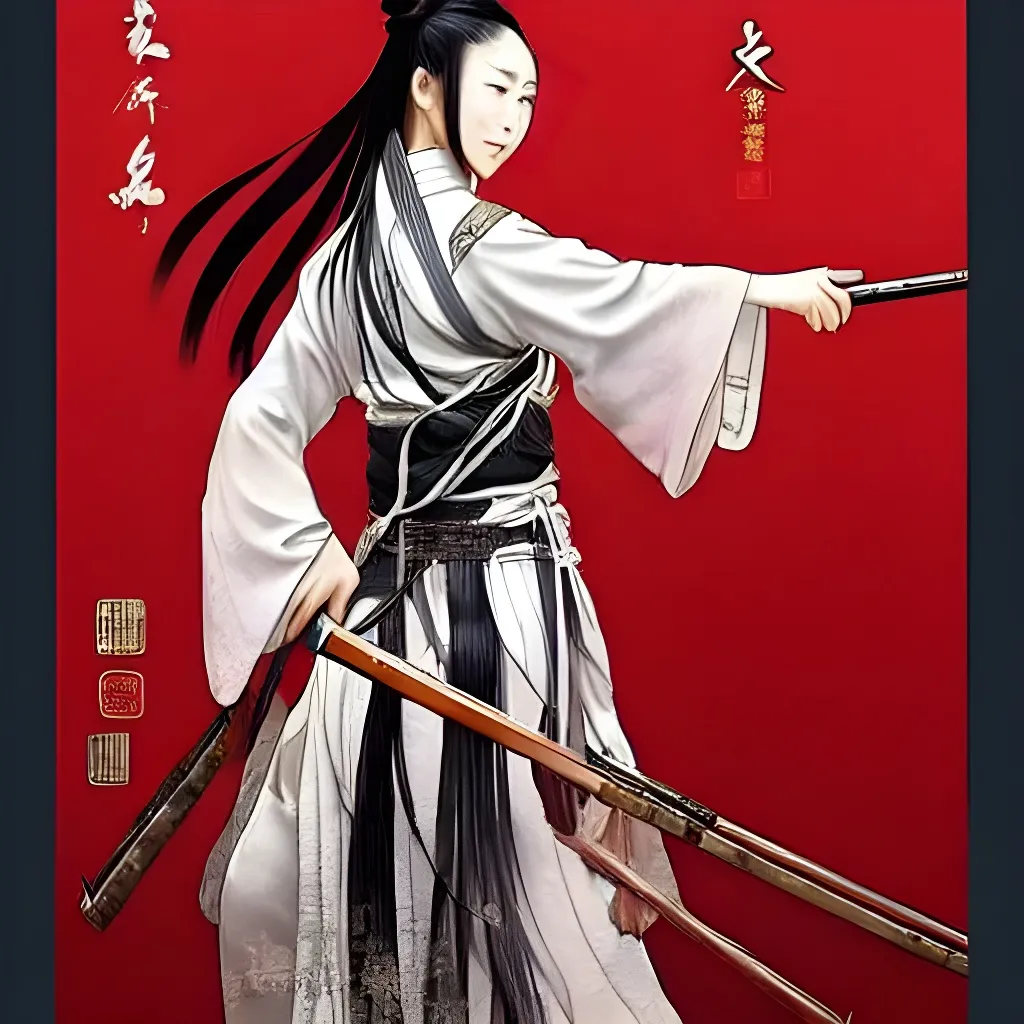 Prompt: An epic fantasy wuxia illustration portrait of a beautiful Chinese female cultivator wearing military hanfu shooting a target with one remington shotgun, full body XIANXIA, manga, Chinese temple, intricate linework, depth of field by Yoji Shinkawa 4k -n 4 -i, pi, artstation, pixiv, artgerm, unreal engine, masterpiece, bright colours, high quality