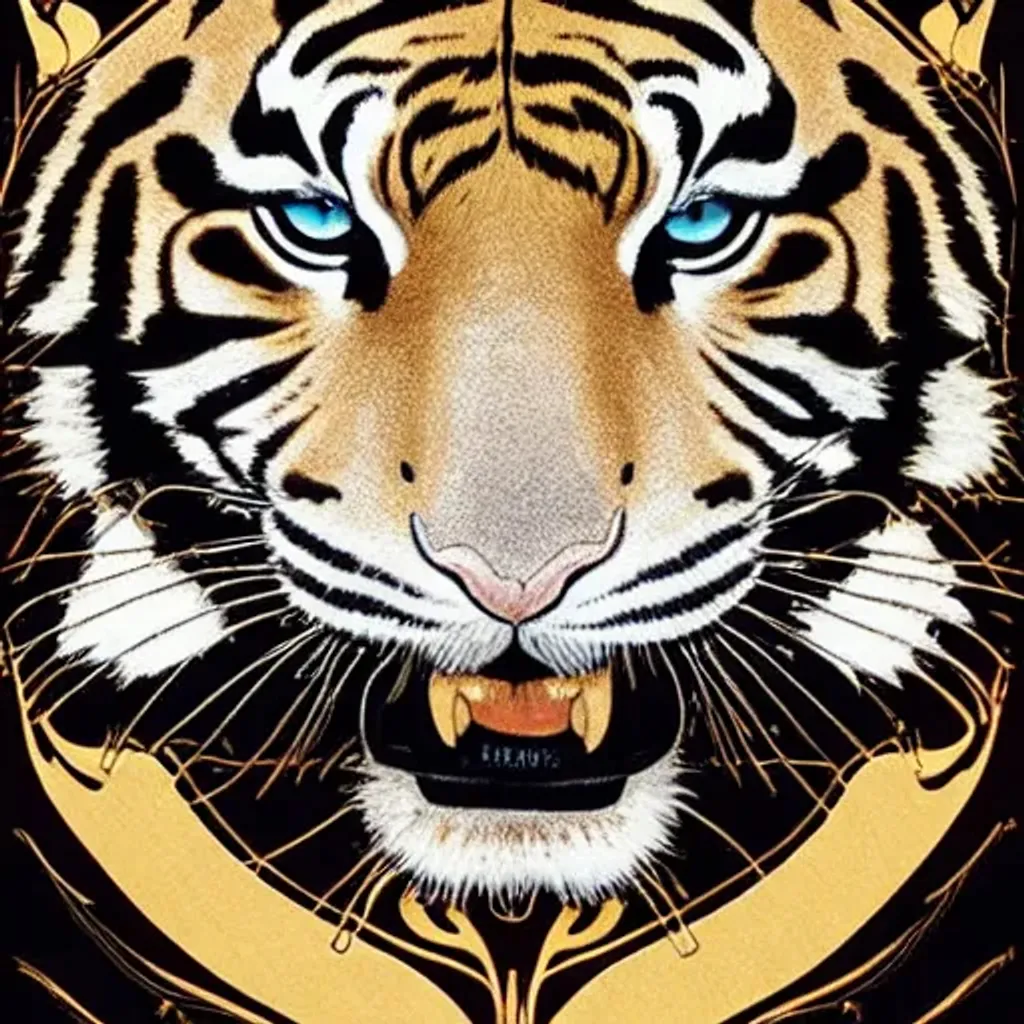 Prompt: a large gold and white tiger wrapped in vines + black paper + elements + red + gold + neon + baroque + rococo + white + orange+ ink + tarot card with ornate border frame + marc Simonetti, paul pope, peter mohrbacher, detailed, intricate ink illustration