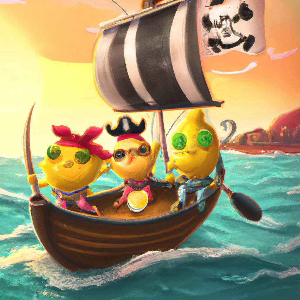 Prompt: cute lemon Familly character on the boat on the ocean, pirate style, artstation, golden hours, HQ, 4K, center, reference pose Lisa Frank