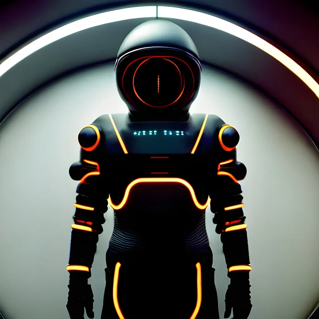 Prompt: Moody Portrait of a Futuristic Cyberpunk Space Suit with an athletic masculine body,facing towards the camera with swagger,Cinematic Stanley Kubrick movie still, 8K, digital art, unreal engine 5 render, octane render, photorealistic, photography, professional lighting and composition, award winning, intricate details, iconic movie shot by Stanley Kubrick with ring lights