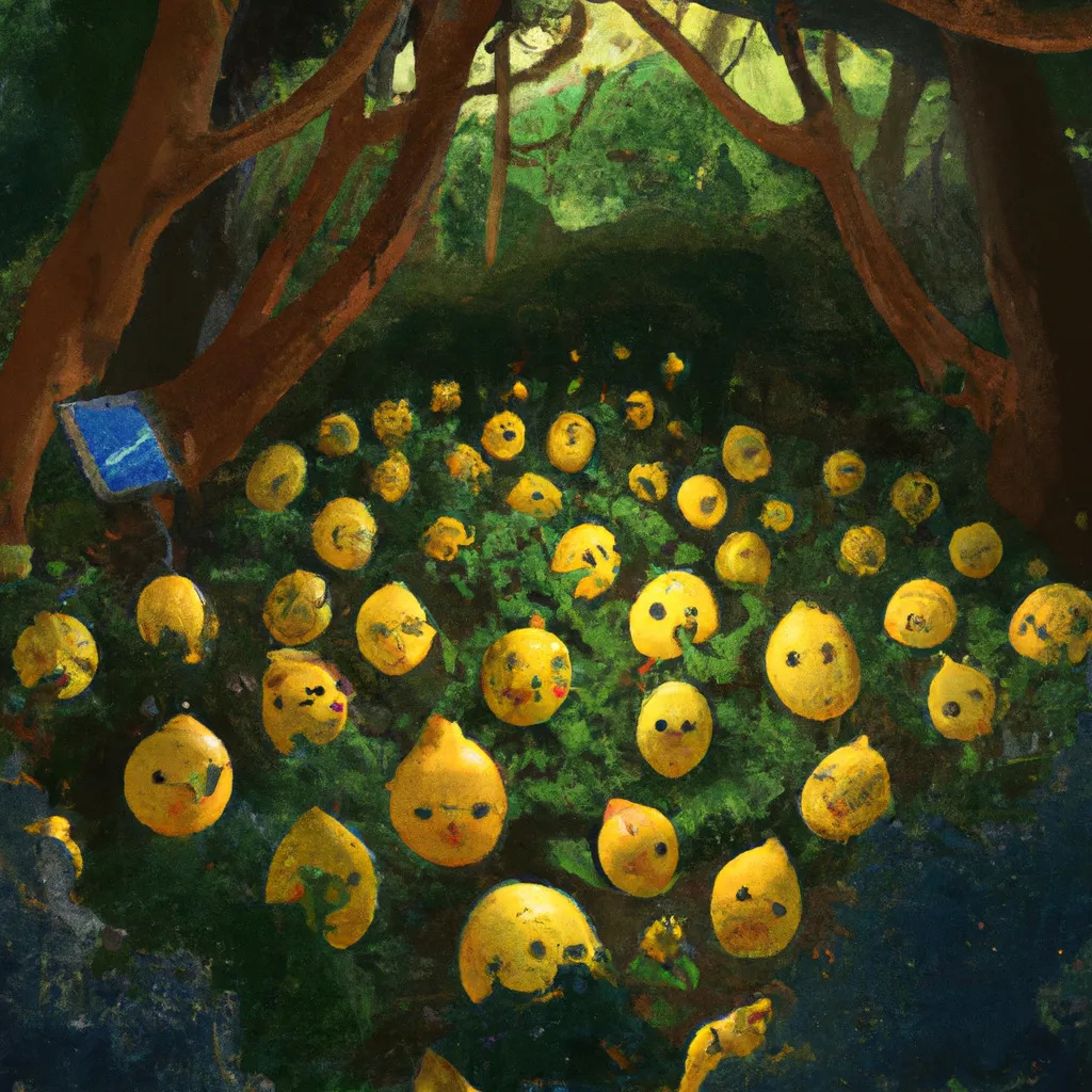 Prompt: extremely detailed lemon familie in a flush forest landscape a still of Studio Ghibli