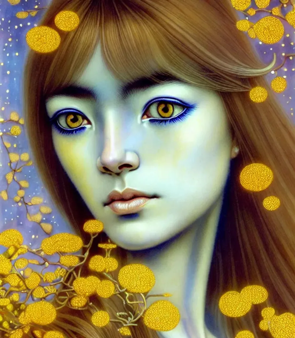 Prompt: (( woman cherub shapeshifter)) indigo cream mustard pine amber silver photorealistic eyes, (lynx-Influence) by Yayoi Kusama, Alan Lee, beautiful face, two beautiful hands, two beautiful arms, impeccable skin details, very healthy, galaxy hair, glowing translucent fractal ((flowers)) by ((Sybilla de Merian, John Berkey)) background theme (murmuration of particles) made of shining translucent crystal, high index of refraction, bioluminescent (fractal spray of droplets) by ((Howard David Johnson)) airbrush, acrylic on paper, smokey sky, fBm clouds, sunlight and shadows,  cinematic, ultra realistic, sense of high spirits, global illumination, volumetric fog,  volumetric lighting, occlusion, Poser 128K UHD fractal, pi, fBm