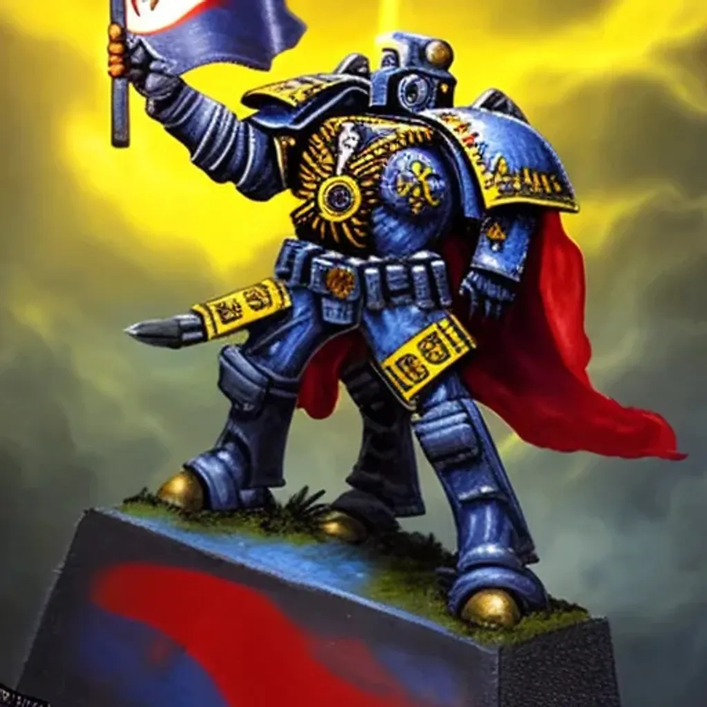 Prompt: A picture of a Warhammer 40K charakter with a Flag in the background, bright lightning from the left upper side and thunder 