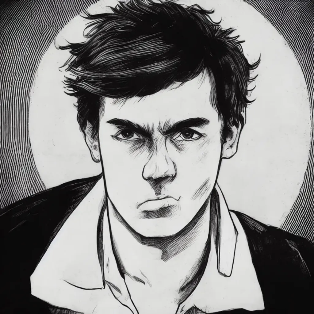 Prompt: black and white cross-hatching medium-shot ink European illustration of a young man in white shirt, wide shoulders, closed mouth, focused symmetrical detailed eyes, looking at camera, has dark hair, by Moebius